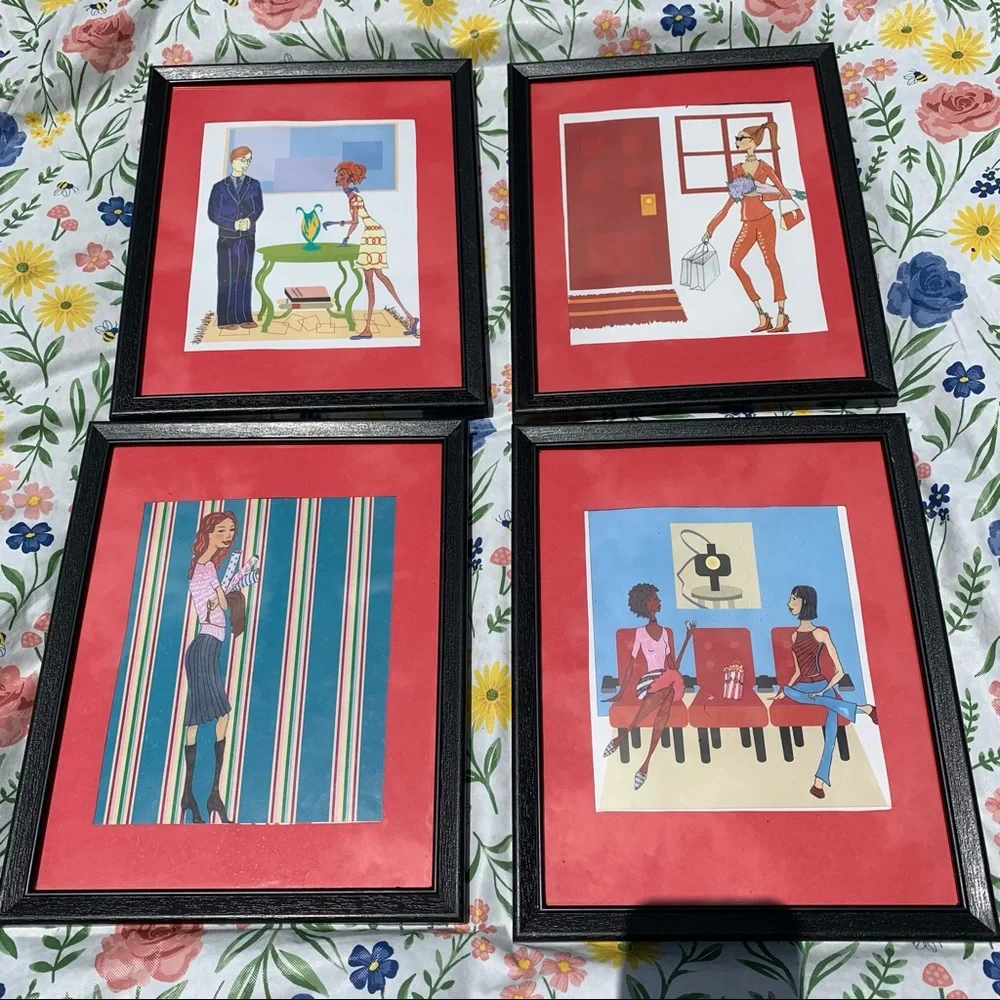 4pc Female Figure Framed Art Pieces Home Decor Red Matted Wall decor
